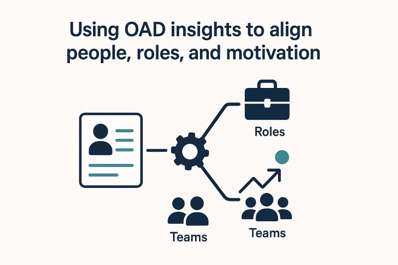 Illustration of OAD profiles being used to match people with roles and teams to improve work motivation.