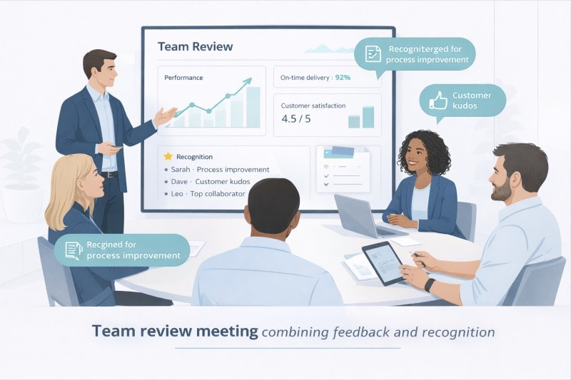 Team review meeting combining feedback and recognition.