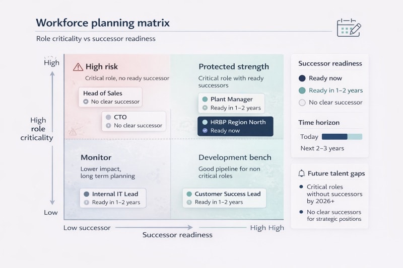 Matrix showing current roles, successor readiness, and future talent gaps.