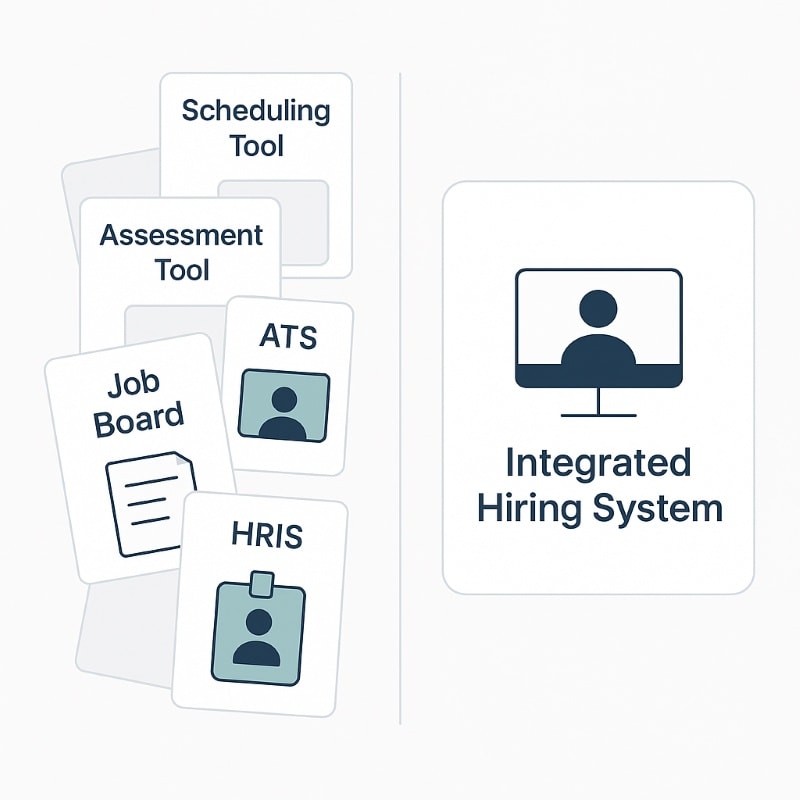 Illustration comparing a complex, fragmented recruiting tech stack with a streamlined, integrated hiring system.