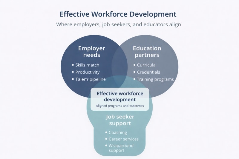 Venn diagram showing the overlap between employer needs, job seeker support, and education partners.