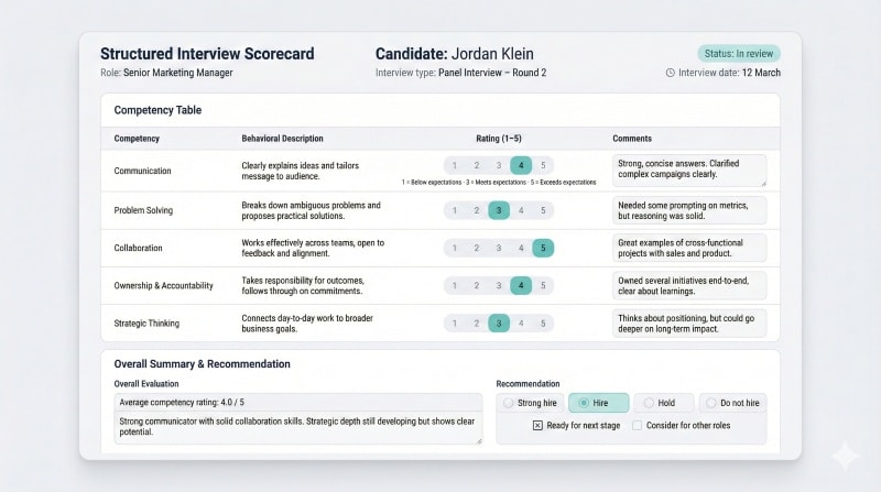 Example of a structured interview scorecard with rating scales for core competencies.