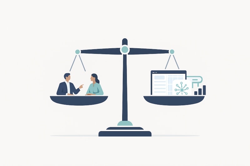 Balanced scale showing human judgment and recruitment technology working together in hiring decisions.