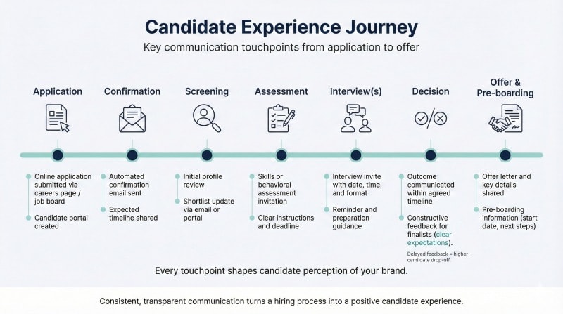 Candidate experience journey map highlighting key communication touchpoints.