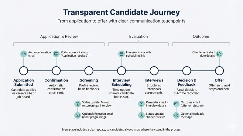 Candidate journey from application to offer with communication milestones.