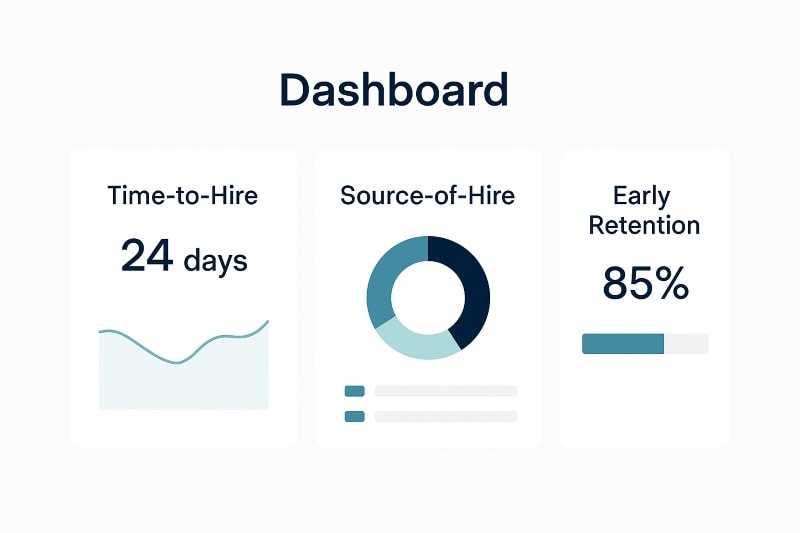 Dashboard view emphasizing time-to-hire, source-of-hire, and early retention as core recruitment metrics.