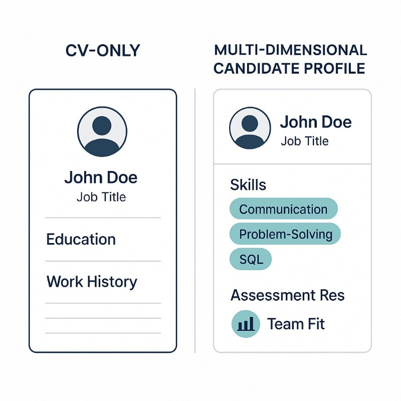 Comparison between a basic resume view and a multi-dimensional candidate profile including skills and behavioral data.
