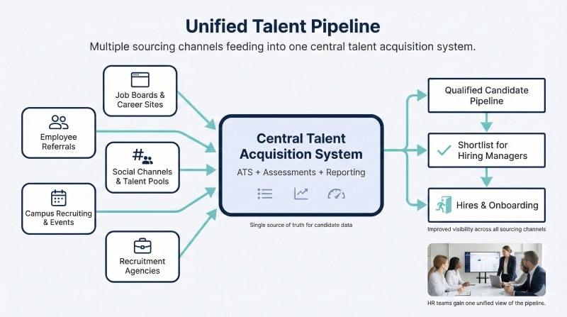 Multiple sourcing channels feeding into a central talent acquisition system.