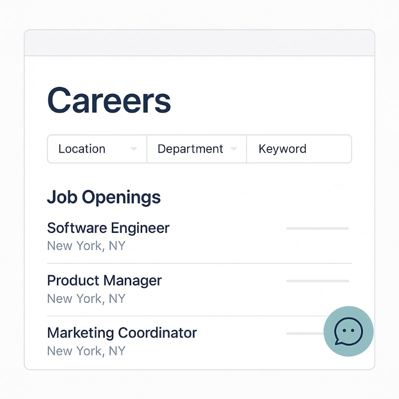 Careers page design showing user-friendly job search and AI chatbot support for candidates.
