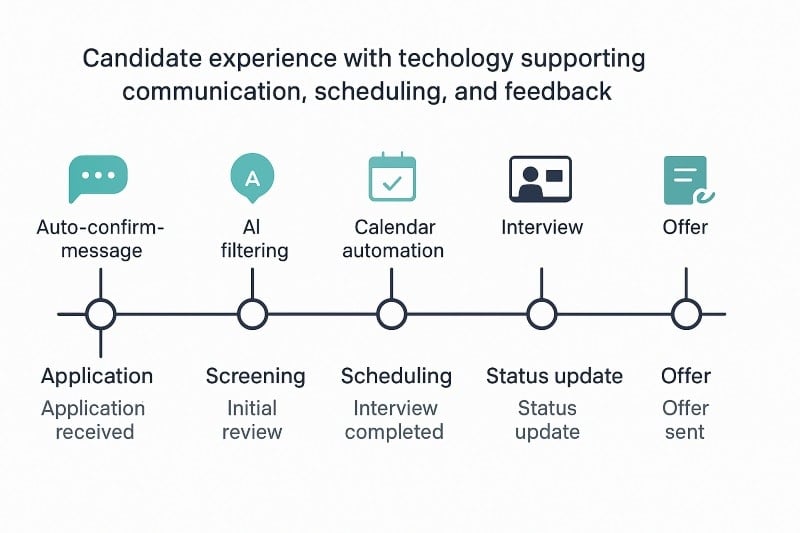 Timeline of candidate experience with technology supporting communication, scheduling, and feedback.