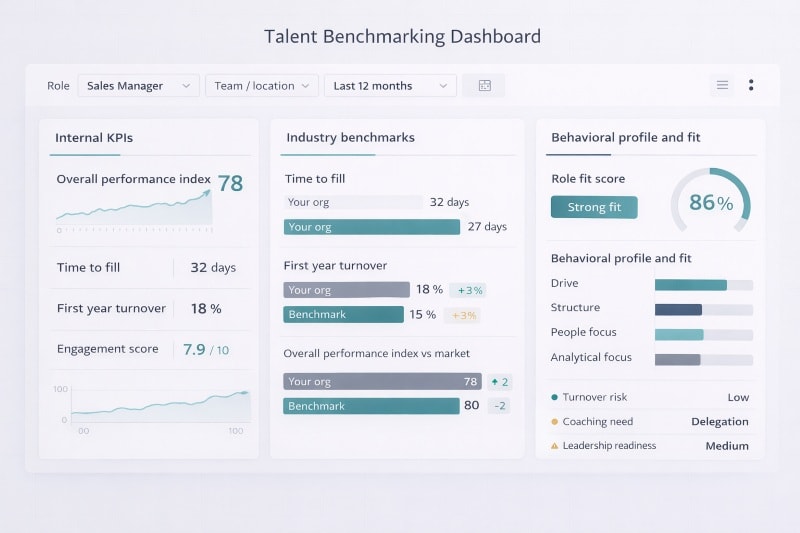 Benchmarking dashboard combining internal, external and behavioral talent data.