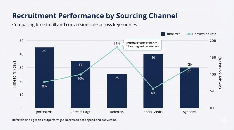 Recruitment analytics dashboard comparing performance across sourcing channels.
