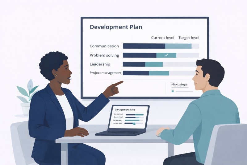 Manager and employee discussing a development plan using data on screen.
