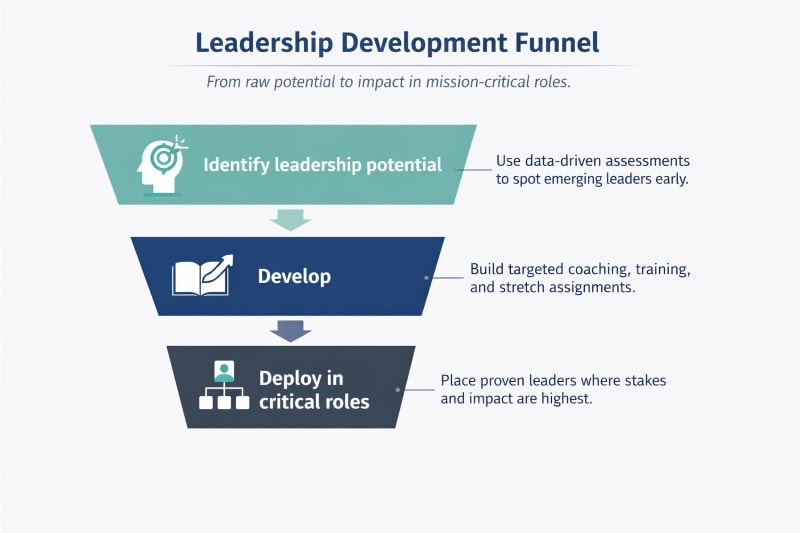 Leadership development funnel from potential to impact.
