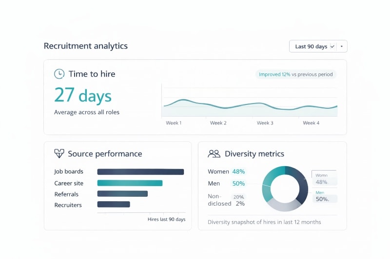 Recruitment analytics dashboard with time to hire and source effectiveness.