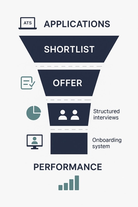 Illustration of a hiring funnel showing how hiring tools connect early recruiting to long-term performance.