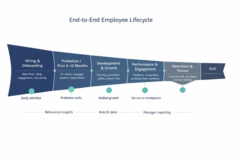 End to end employee lifecycle from hiring to exit, highlighting points where turnover of staff occurs.