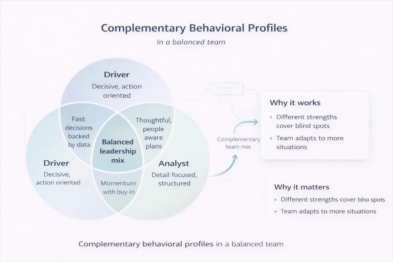 Balanced team composition using complementary behavioral profiles.
