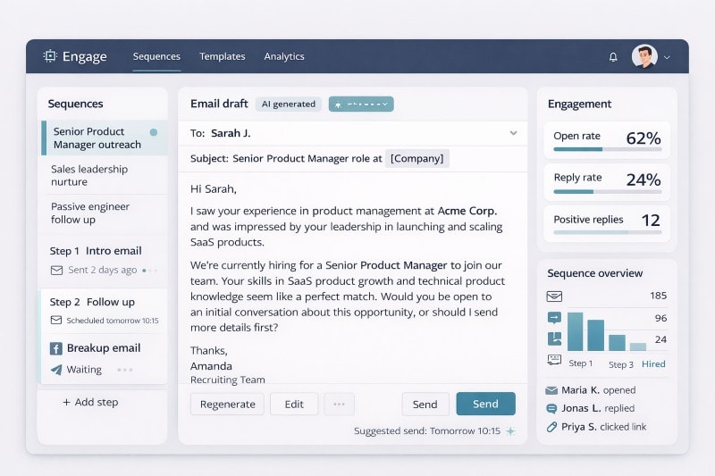 Candidate engagement dashboard with AI generated outreach and multi step sequences.