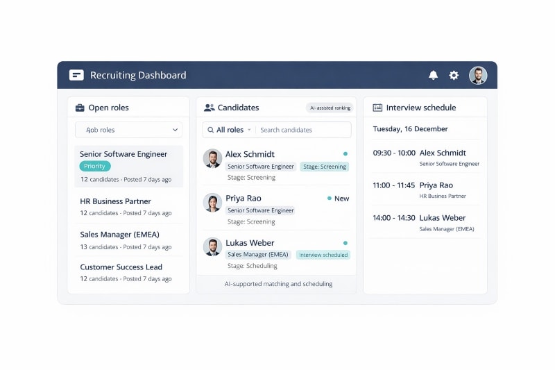 Recruiting dashboard centralizing candidate profiles and interview scheduling.