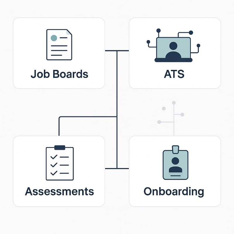 Diagram showing how job boards, applicant tracking software, and evaluation tools connect in a modern hiring stack.