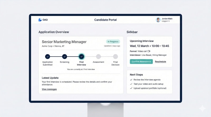 Candidate portal showing application status and upcoming interview schedule.