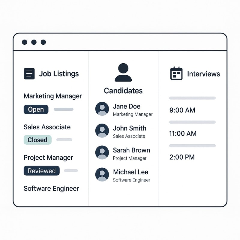 Recruiting app dashboard centralizing job listings, candidate profiles, and interview schedules.