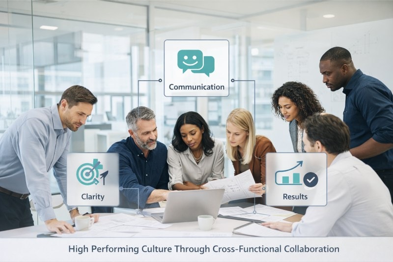 High performing culture shown through cross-functional team collaboration.