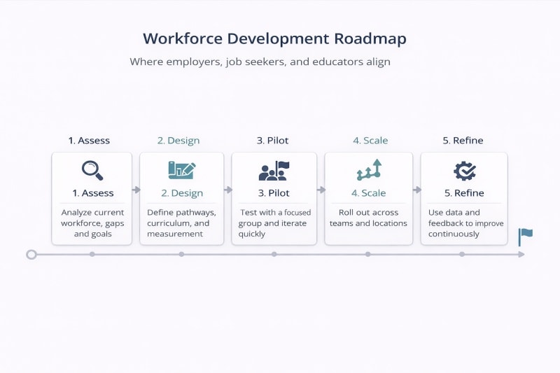 Roadmap outlining the phases of designing and scaling workforce development programs.