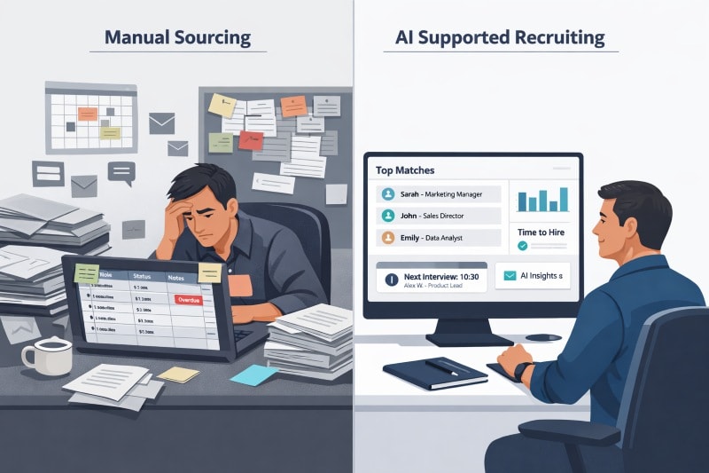 Comparison of manual sourcing work versus AI supported recruiting workflow.