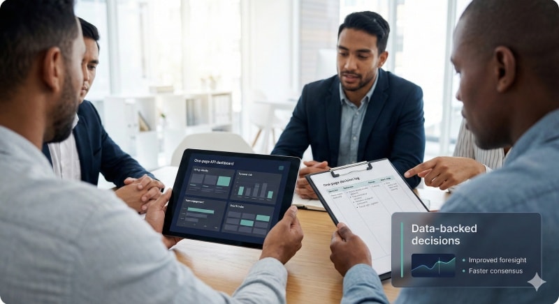 Business leaders reviewing a one-page KPI dashboard and a short decision log to make data-based decisions.