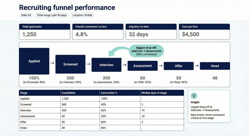 Recruiting funnel dashboard showing conversion rates by stage with a highlighted candidate drop-off point.