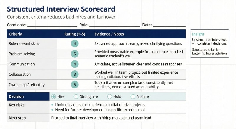 Structured hiring process to reduce employee attrition and turnover rate.