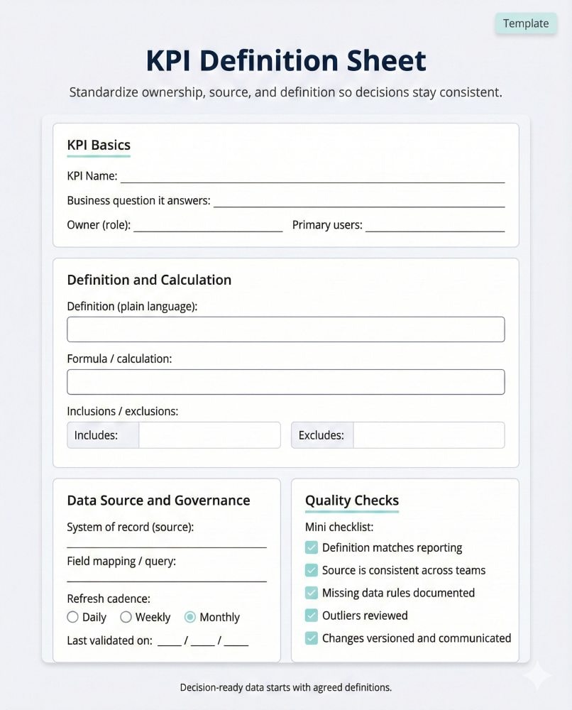 One-page KPI definition sheet template with fields for KPI owner, source system, definition, calculation, refresh cadence, and a short data quality checklist for consistent data-driven decisions