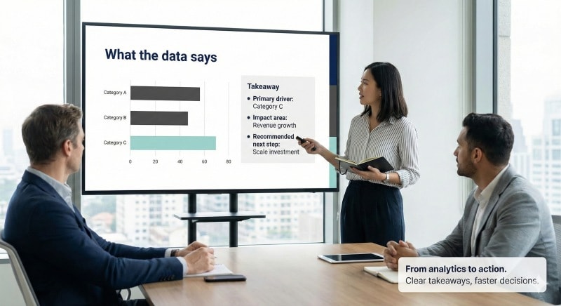 A data analyst presenting a simple chart and key takeaways to business leaders to turn analytics into actions.