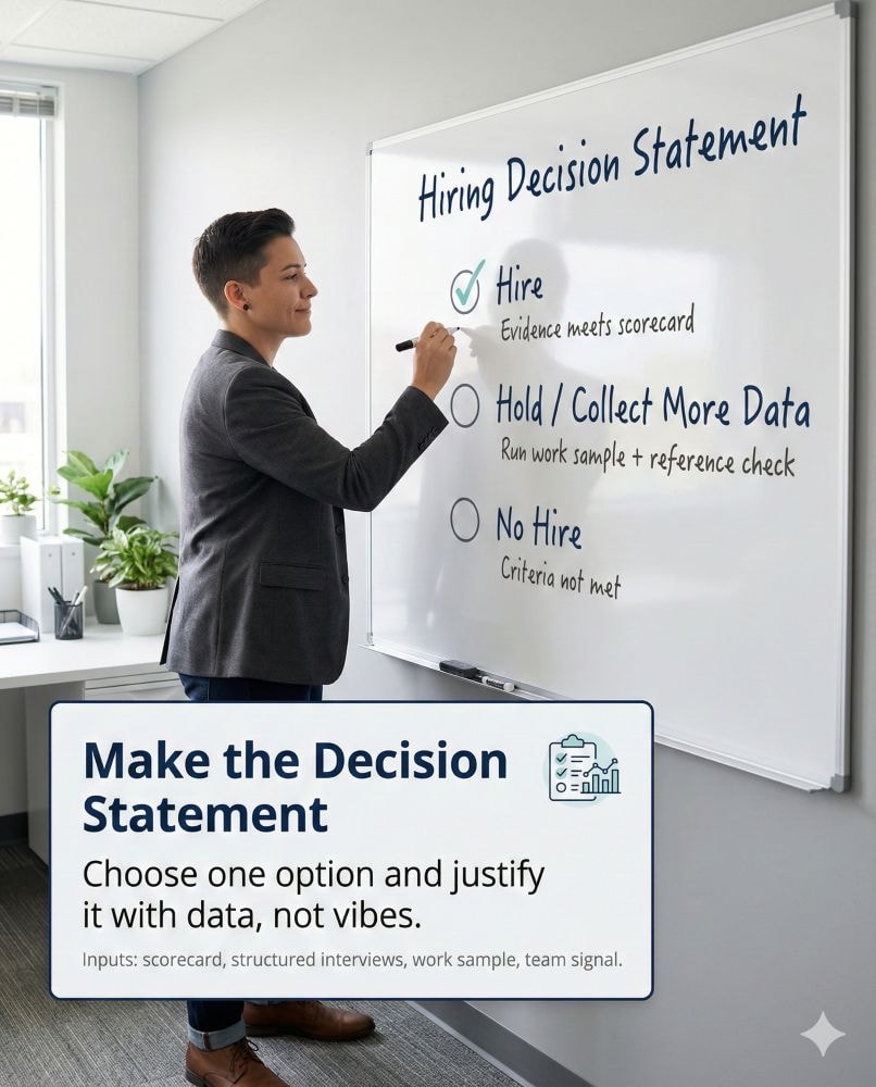HR leader writing a ‘Hiring Decision Statement’ on a whiteboard showing three options: Hire, Hold/Collect More Data, and No Hire, emphasizing data-driven decision making in HR.