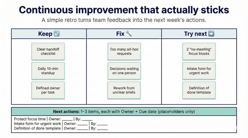A retro board with three columns labeled Keep, Fix, and Try next, showing example notes and a small section for next actions to support continuous improvement and team effectiveness.
