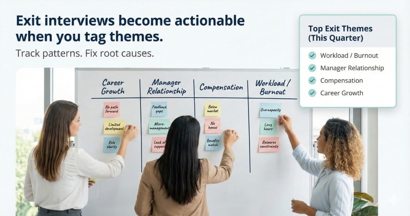 Causes of turnover at work identified through exit interview themes.