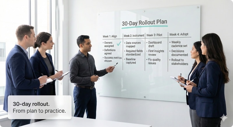 Team in a meeting reviewing a simple 30-day rollout plan on a whiteboard to implement a data-based approach.