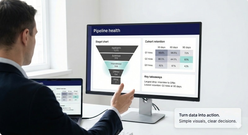 Analyst reviewing a funnel chart and a retention table to turn raw data into actionable insights.