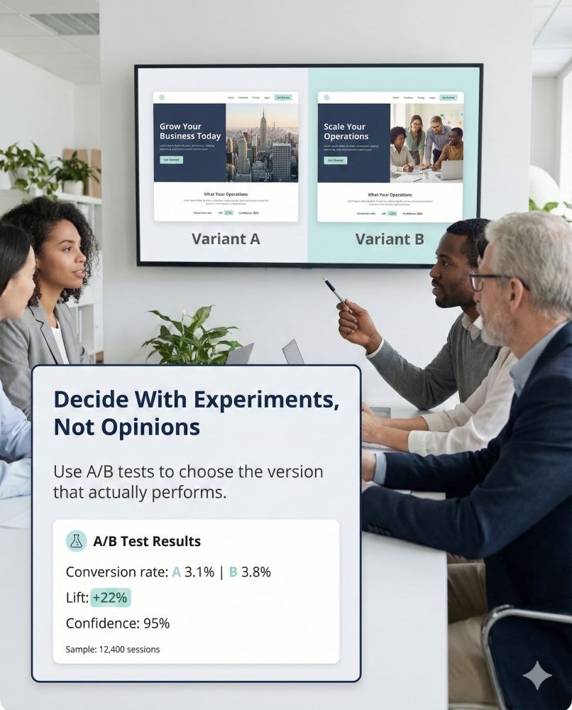 Marketing team reviewing A/B test results for two landing page variants, using conversion data to decide on campaign performance improvements.