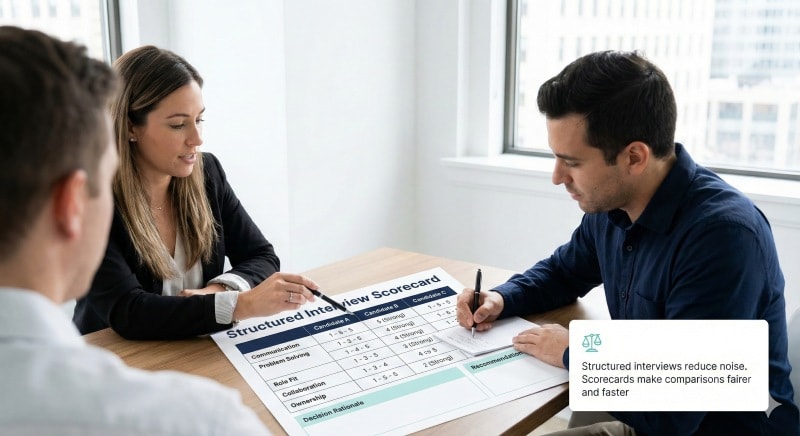 Hiring managers using a structured interview scorecard to compare candidates fairly.