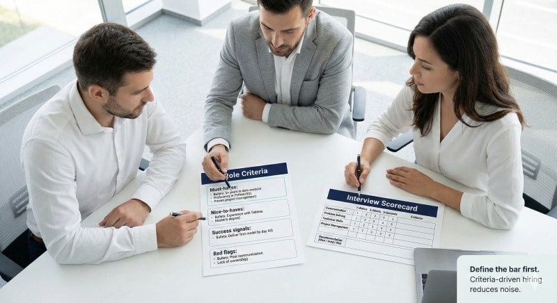 Hiring managers reviewing role criteria and a scorecard to define standards for data-driven decisions.
