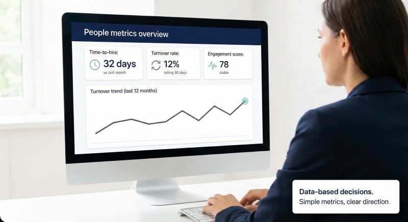 HR leader reviewing a simple business intelligence dashboard with three key metrics and one trend line to support data-based decisions.