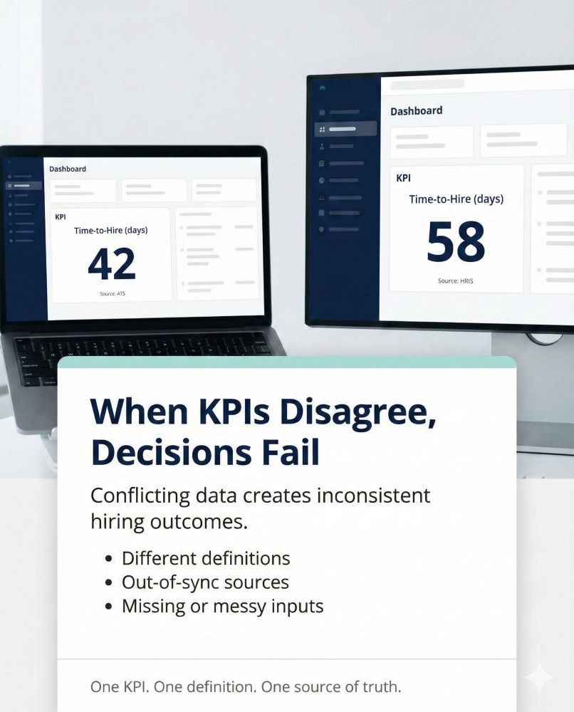 Close-up of two dashboards showing the same KPI label with conflicting numbers, illustrating how data quality issues lead to inconsistent business decisions