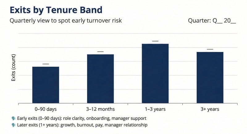 Quarterly exits by tenure band template to identify early turnover risk.