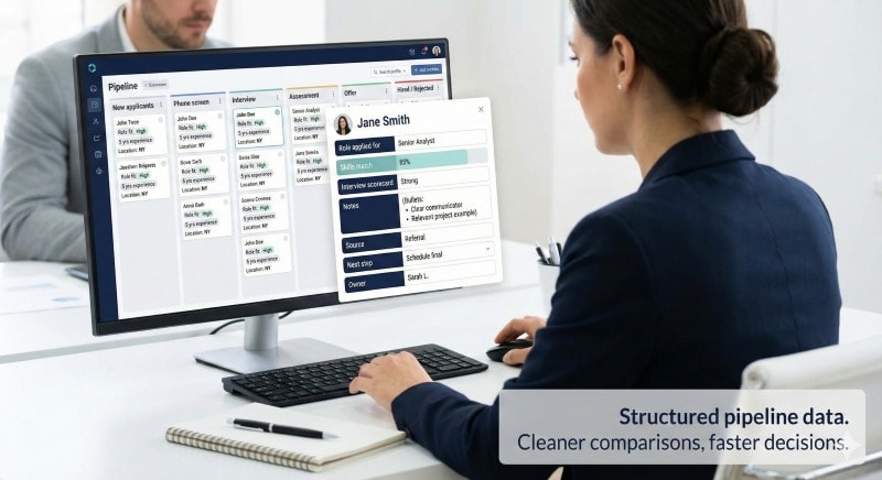 Recruiter reviewing a candidate pipeline in an applicant tracking system with structured fields to collect relevant data.
