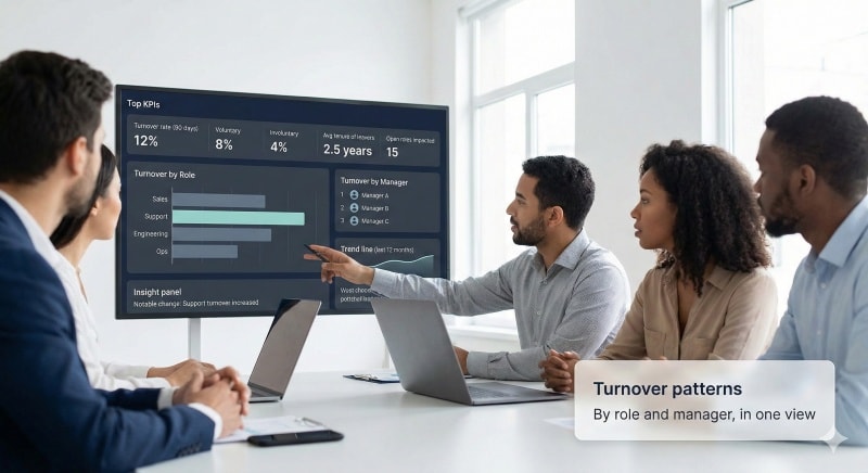 HR team reviewing an analytics dashboard showing turnover trends by role and manager.