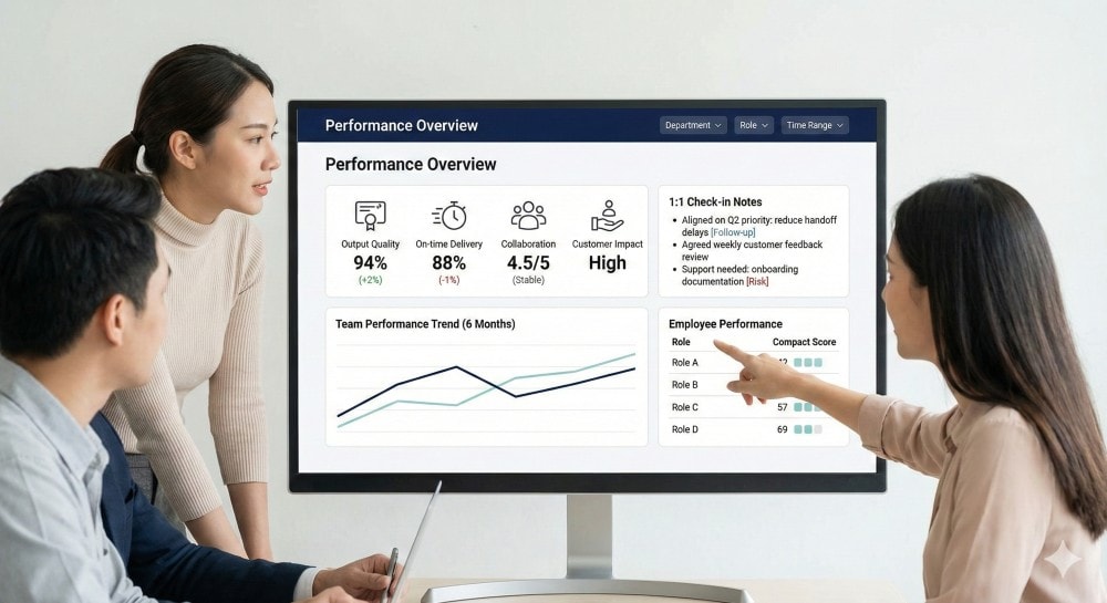 Performance tracking system dashboard showing employee performance KPIs and check-in notes.