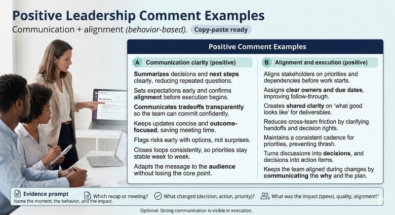 Positive leadership comments examples for communication and alignment